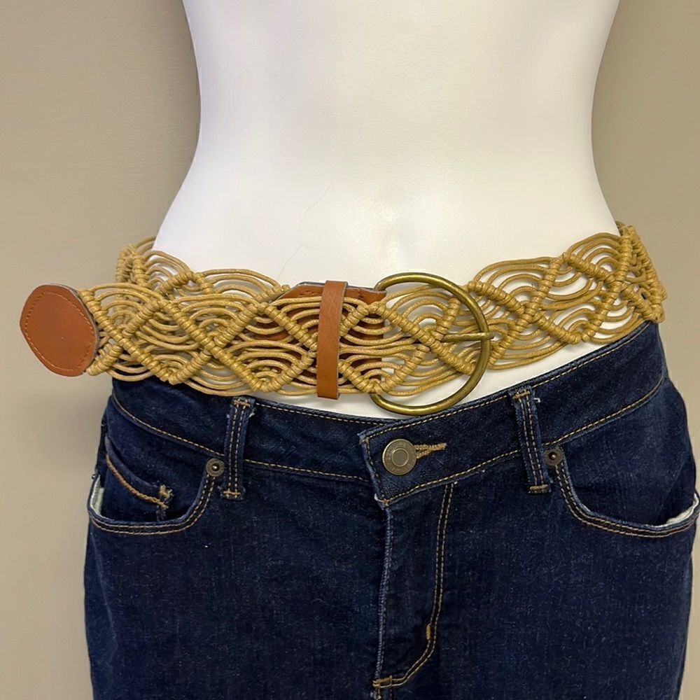 Macrame Corded Belt with Leather Inspired Belt Ends and Brass Buckle